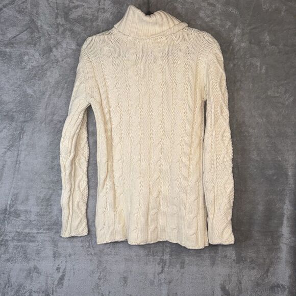 Eddie Bauer Women's Ivory Cable Knit Turtleneck Wool Sweater Sz Med Fisherman - Picture 6 of 9
